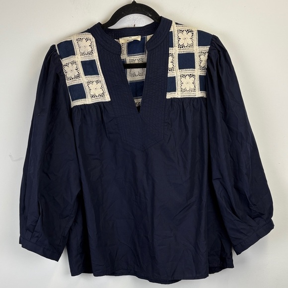 entro Tops - Entro Navy Blouse with Cream Crochet Insert Puff Sleeve BLOUSE Size Large